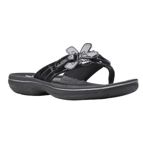 Clarks Cloudsteppers (8 Medium) Womens BrinKley Flora BLACK Patent Flip Flop - Picture 1 of 4